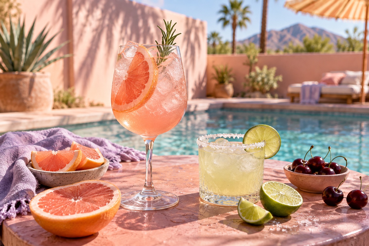 Pink grapefruit spritz and a lime margarita on a sunny poolside table
